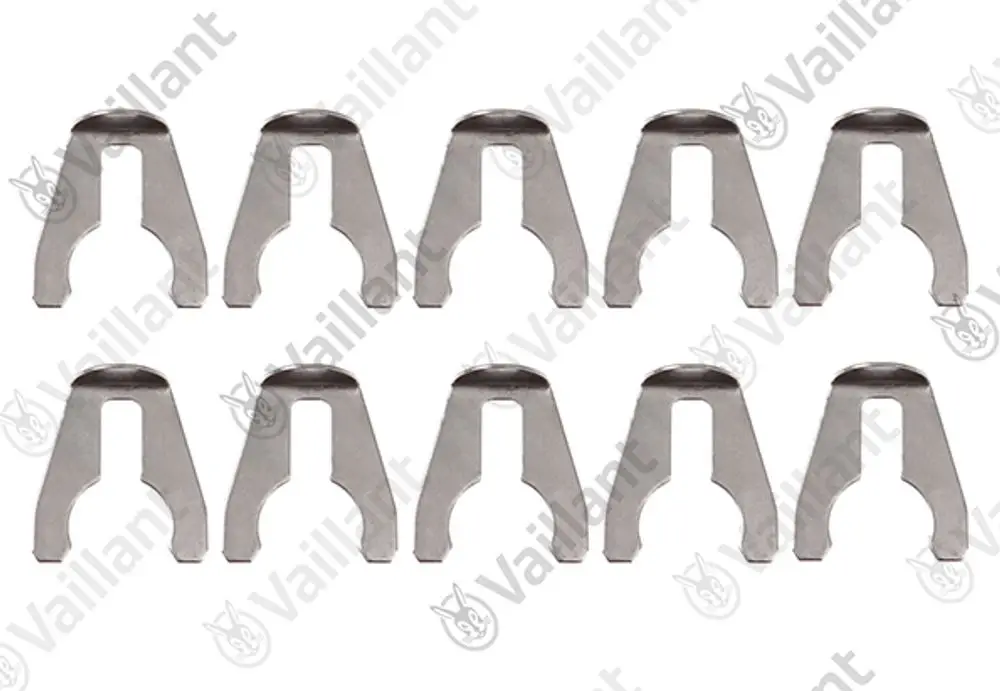 Zehn metallene Clips von Vaillant, in einer Anordnung, die die Form eines Haken zeigt, für Montagezwecke geeignet.